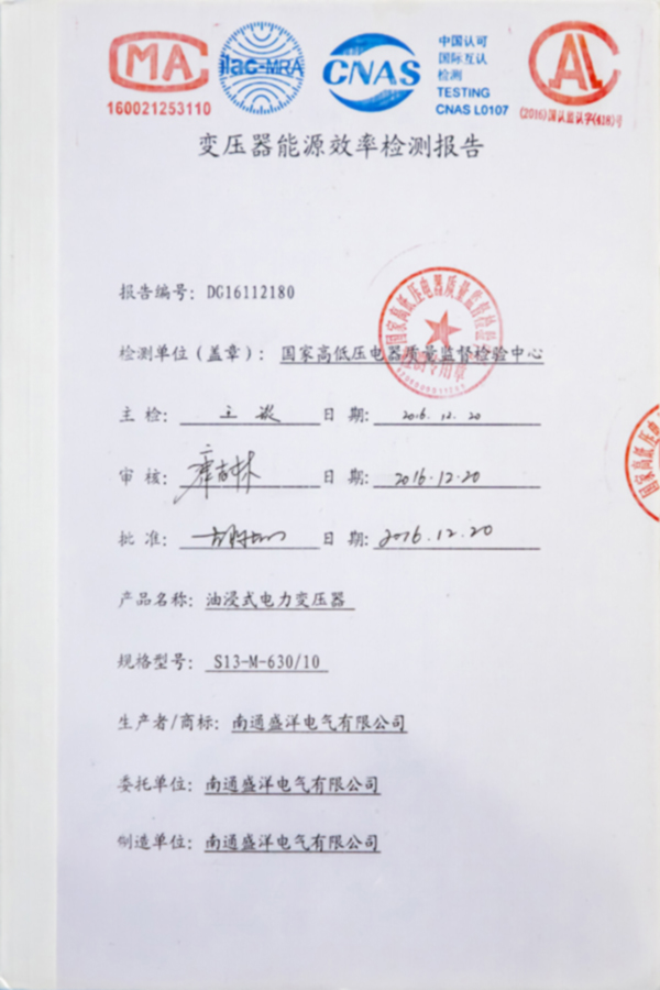 S13-M-630/10油浸式電力變壓器能源效率檢測(cè)報(bào)告